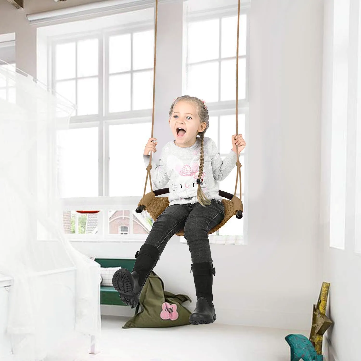 JKsmart Swing Seat for Kids Heavy Duty Rope Play Secure Children Swing Set,Perfect for Indoor,Outdoor,Playground,Home,Tree,with Snap Hooks and Swing Straps,440 lbs Capacity, Light Brown