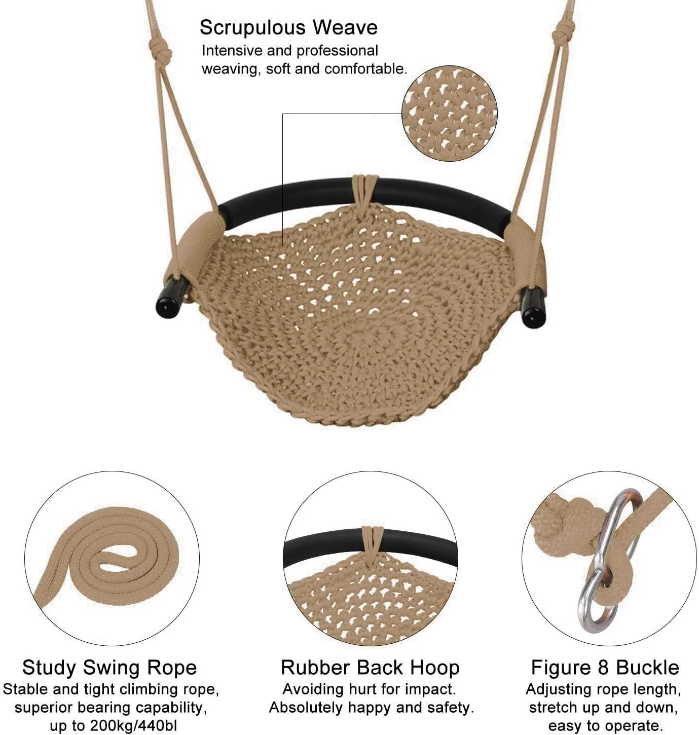 JKsmart Swing Seat for Kids Heavy Duty Rope Play Secure Children Swing Set,Perfect for Indoor,Outdoor,Playground,Home,Tree,with Snap Hooks and Swing Straps,440 lbs Capacity, Light Brown