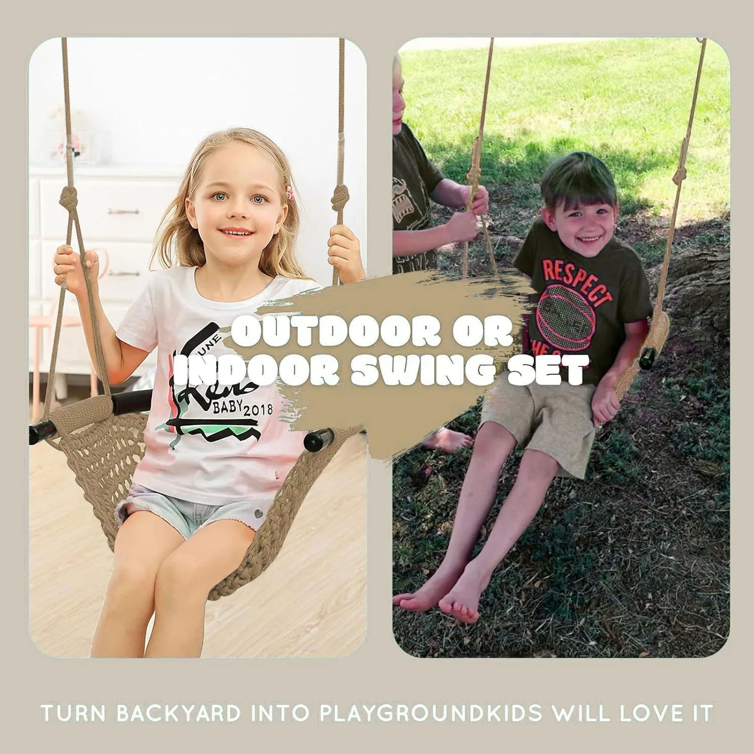 JKsmart Swing Seat for Kids Heavy Duty Rope Play Secure Children Swing Set,Perfect for Indoor,Outdoor,Playground,Home,Tree,with Snap Hooks and Swing Straps,440 lbs Capacity, Light Brown