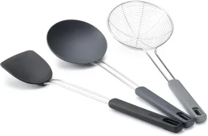 Joseph Joseph Nest Fusion Compact Wok Silicone Turner, Silicone Spoon and Wire Skimmer Set, One Size, Black, 3-Piece