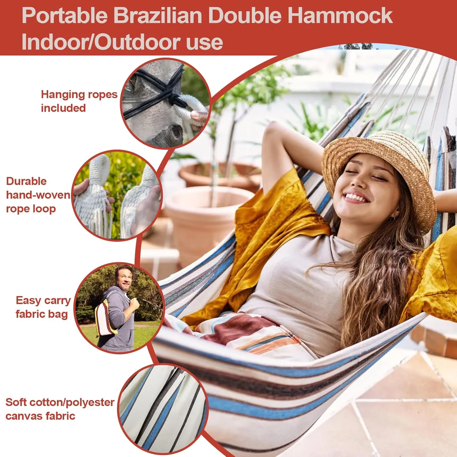JoyView Brazilian Hammock for Single Person - Portable with Hanging Ropes & Carry Bag, Large 78.8x39.4' Cotton Hammock for Patio & Indoor Use - 300LBS Capacity - Blue Stripes