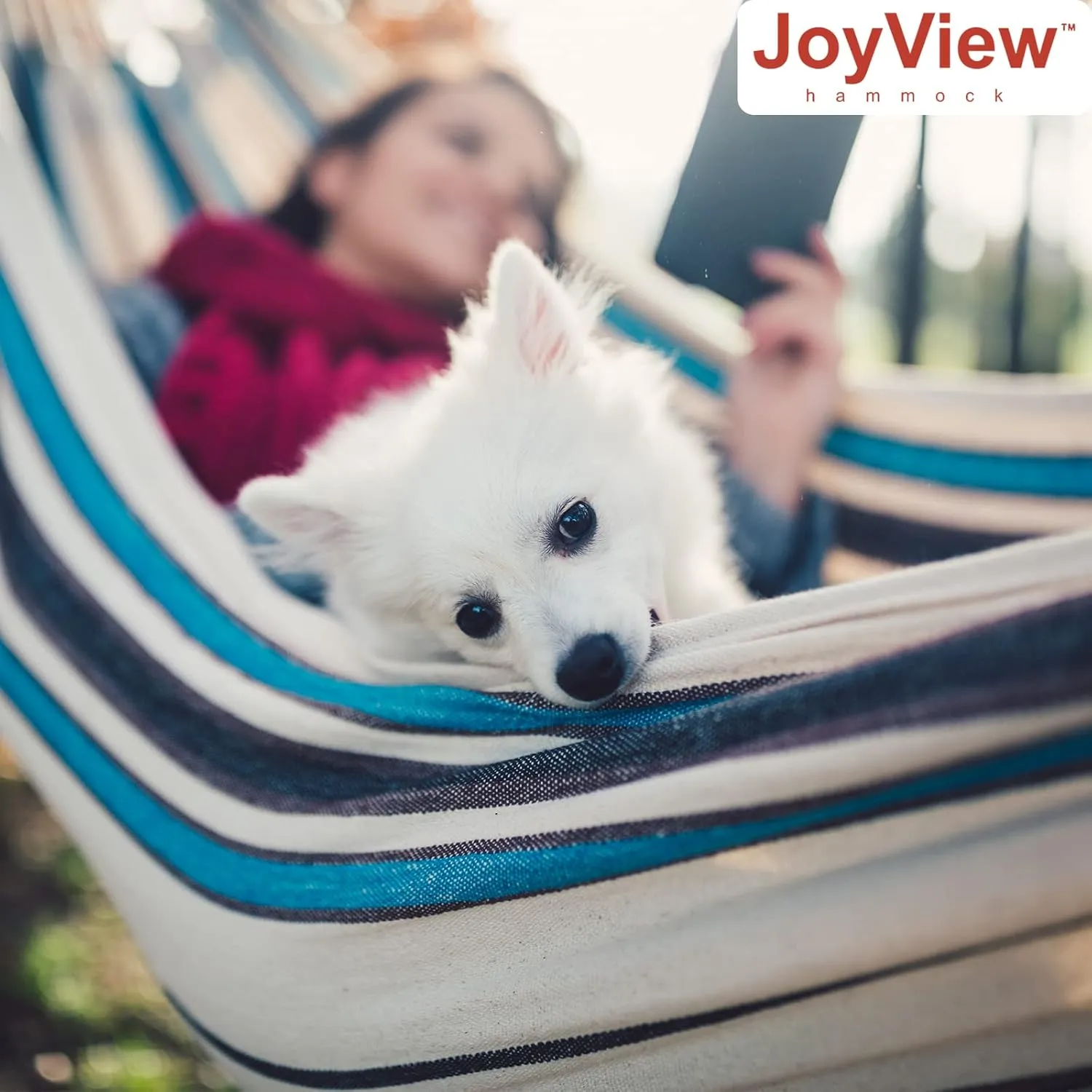 JoyView Brazilian Hammock for Single Person - Portable with Hanging Ropes & Carry Bag, Large 78.8x39.4' Cotton Hammock for Patio & Indoor Use - 300LBS Capacity - Blue Stripes