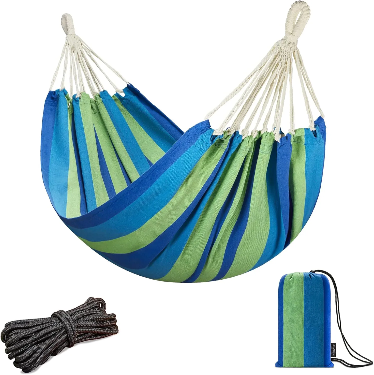 JoyView Brazilian Hammock for Single Person - Portable with Hanging Ropes & Carry Bag, Large 78.8x39.4' Cotton Hammock for Patio & Indoor Use - 300LBS Capacity - Blue Stripes