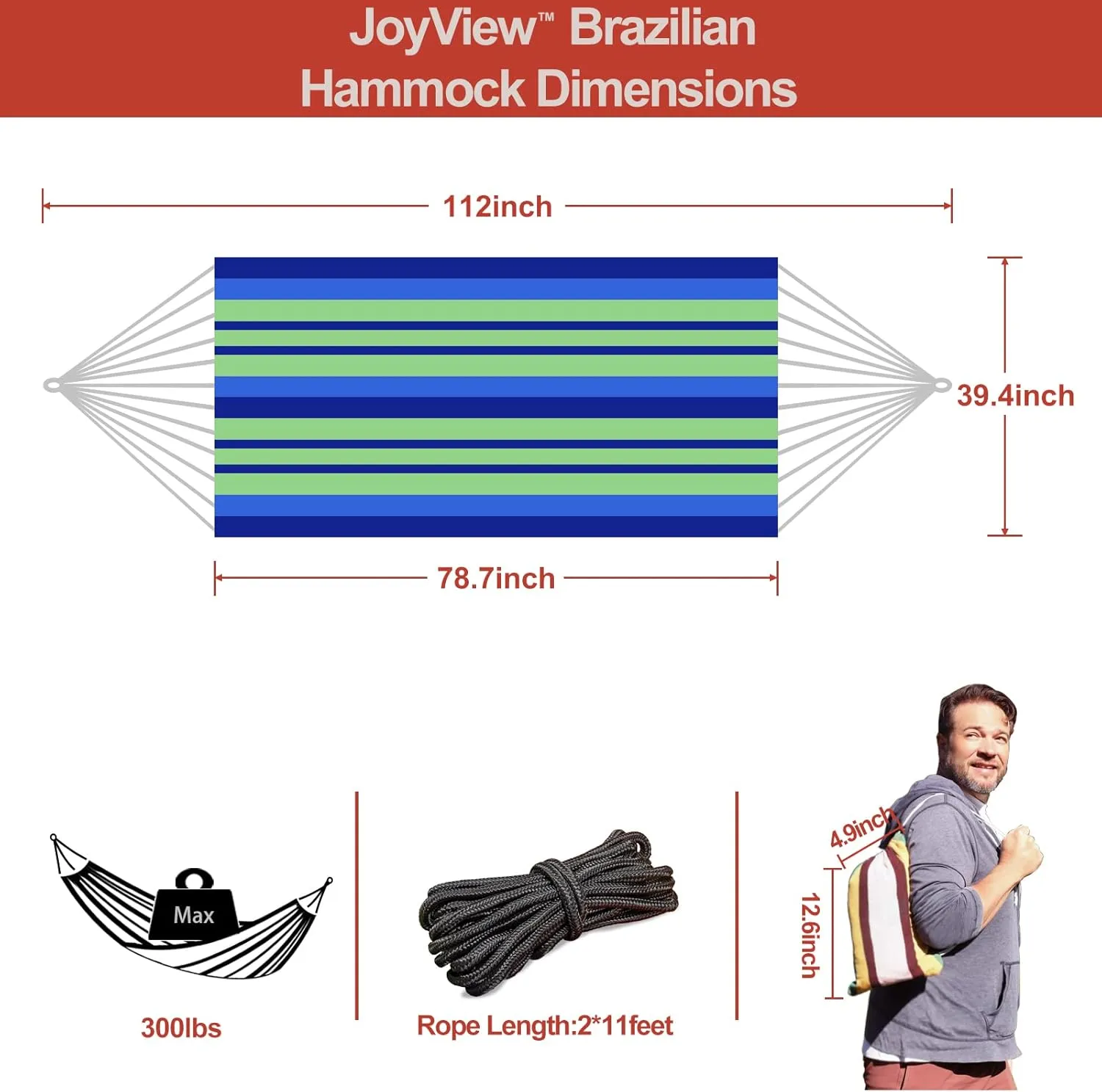 JoyView Brazilian Hammock for Single Person - Portable with Hanging Ropes & Carry Bag, Large 78.8x39.4' Cotton Hammock for Patio & Indoor Use - 300LBS Capacity - Blue Stripes