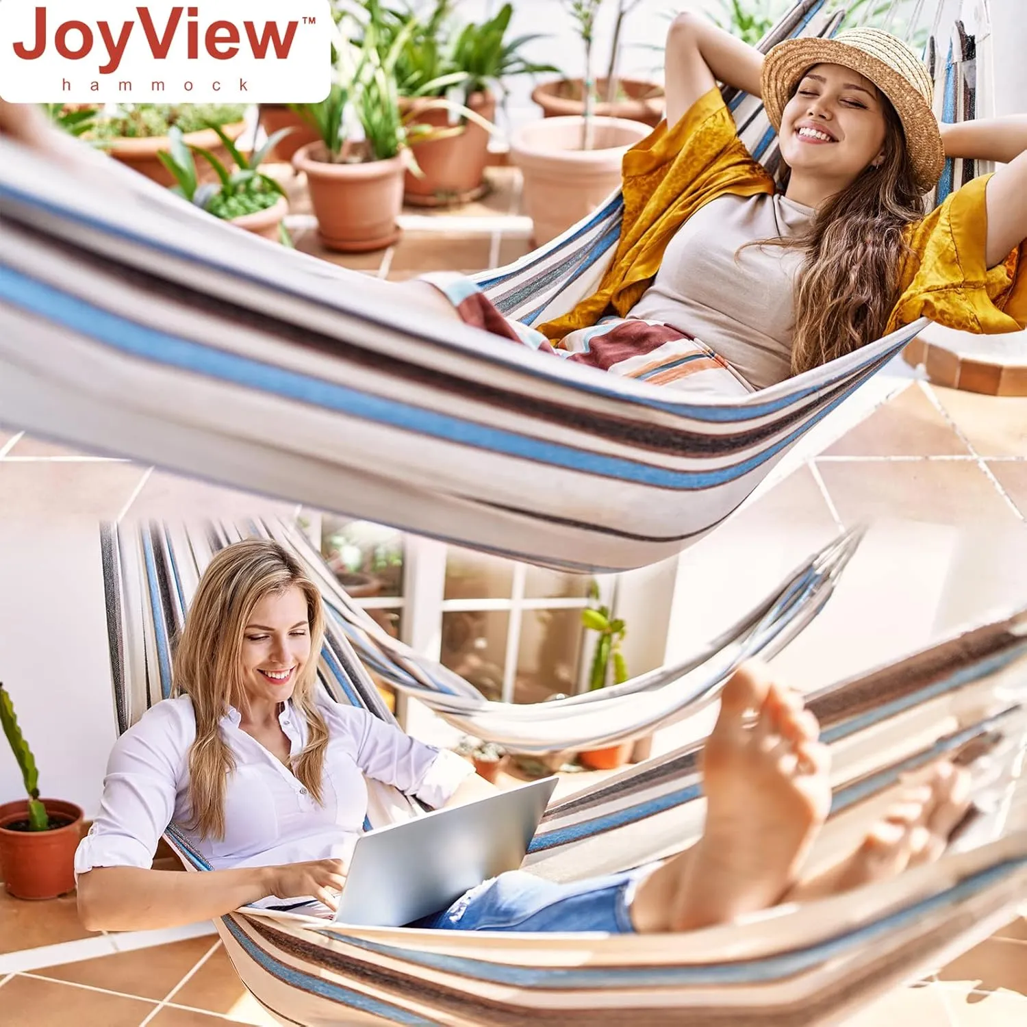 JoyView Brazilian Hammock for Single Person - Portable with Hanging Ropes & Carry Bag, Large 78.8x39.4' Cotton Hammock for Patio & Indoor Use - 300LBS Capacity - Blue Stripes