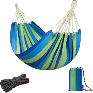 JoyView Brazilian Hammock for Single Person - Portable with Hanging Ropes & Carry Bag, Large 78.8x39.4' Cotton Hammock for Patio & Indoor Use - 300LBS Capacity - Blue Stripes