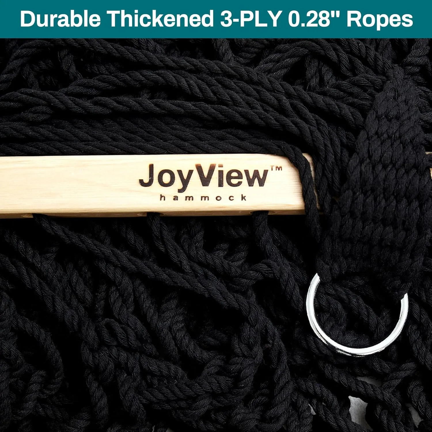 JoyView Traditional Rope Double Hammock - Hand Woven Cotton Hammock with Hardwood Spreader Bar and Pillow 450lb Capacity for Outdoor Indoor Patio Yard - Black