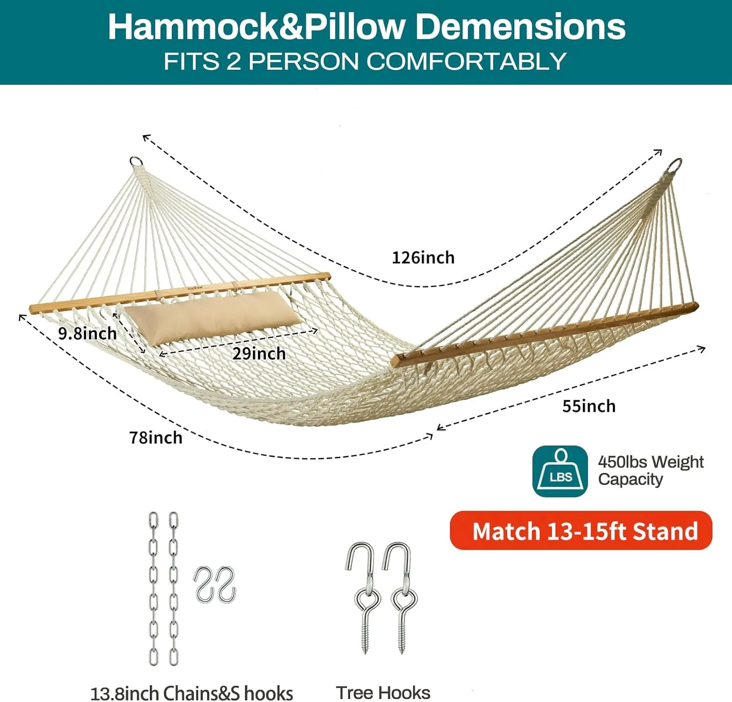 JoyView Traditional Rope Double Hammock - Hand Woven Cotton Hammock with Hardwood Spreader Bar and Pillow 450lb Capacity for Outdoor Indoor Patio Yard - Natural