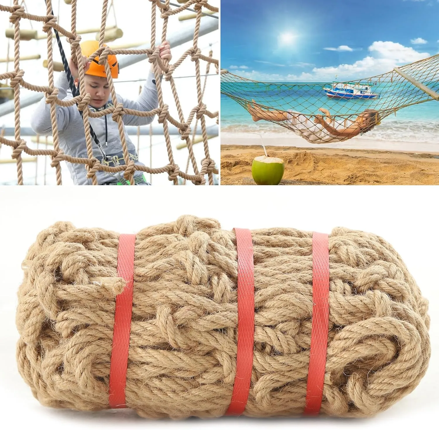 Jute Hemp Rope Net(4ftx12ft), Heavy Duty Natural Climbing Safety Rope Netting Balcony Stairs Fence Garden Playground Protection Net Indoor & Outdoor Decor Rope Net