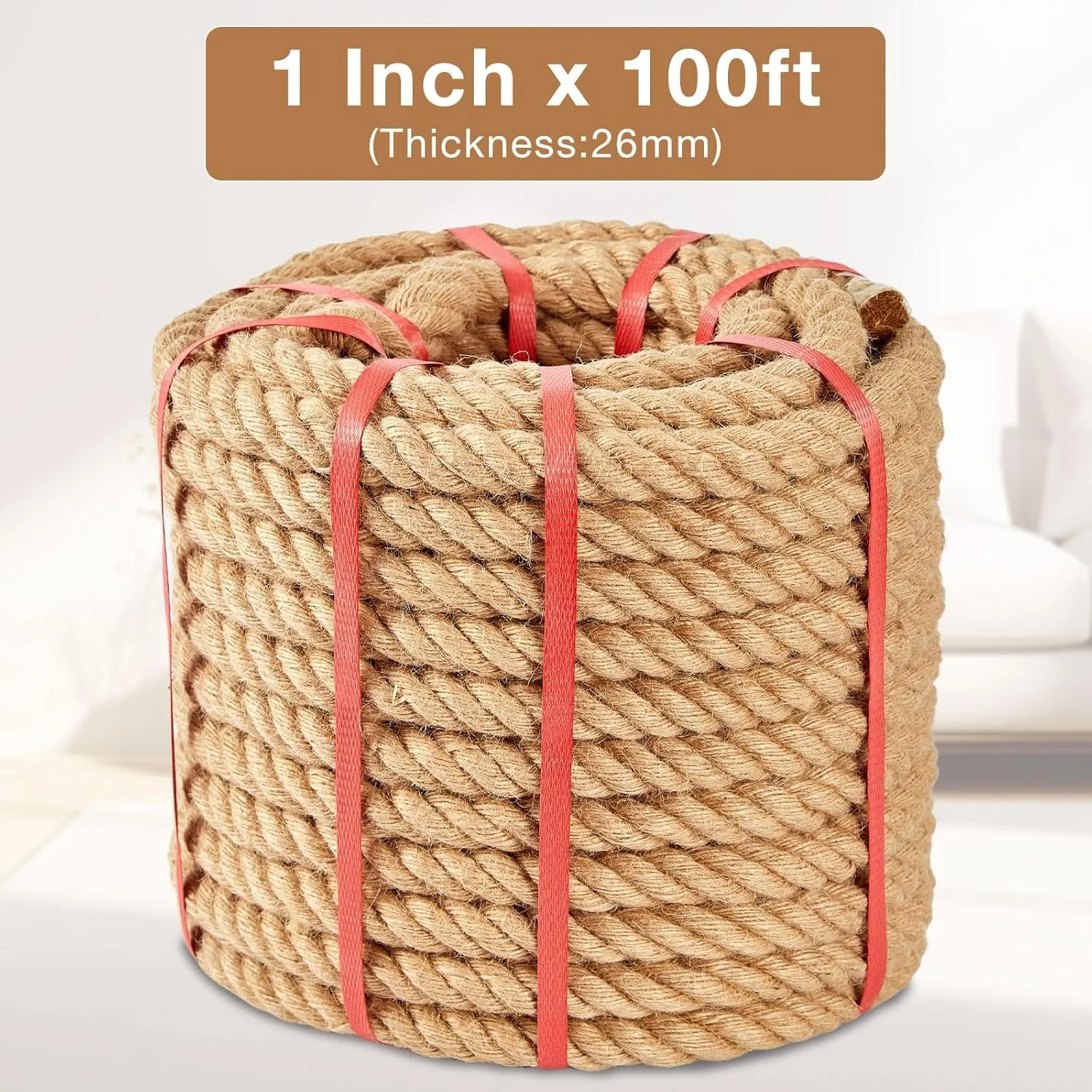 Jute Rope 1 Inch x 100 FT, Hemp Rope Twisted Heavy Duty Jute Rope, Manila Rope for Home Decor Crafts Swing Rope Railing Climbing Decorating