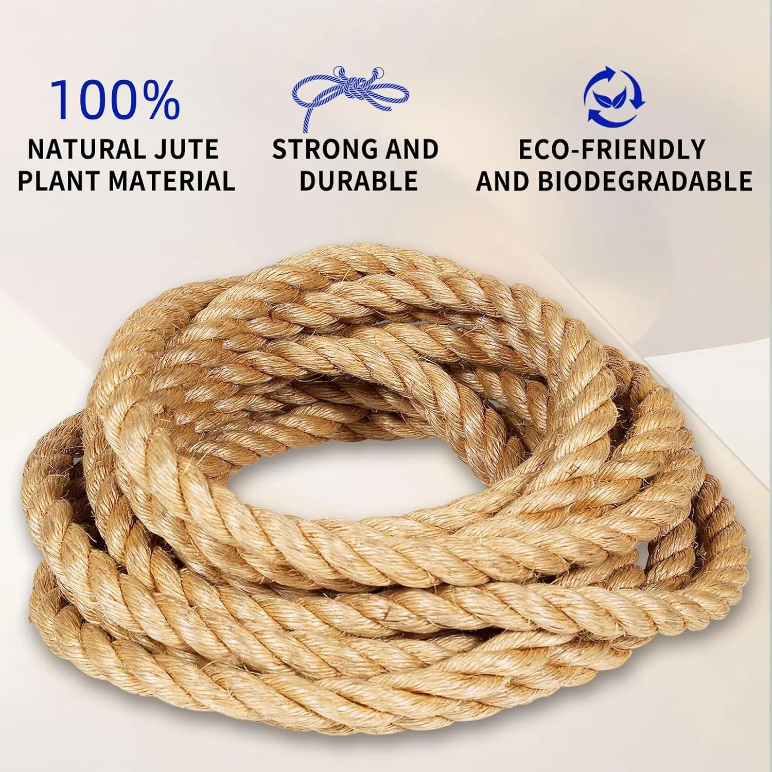 Jute Rope (3/4 in X 50 ft),Twisted Manila Rope,20mm Natural Thick Hemp Rope Heavy Duty Tug of War Ropes Thick Rope for Crafts Railing Gardening Bundling Hammocks Home Decorating