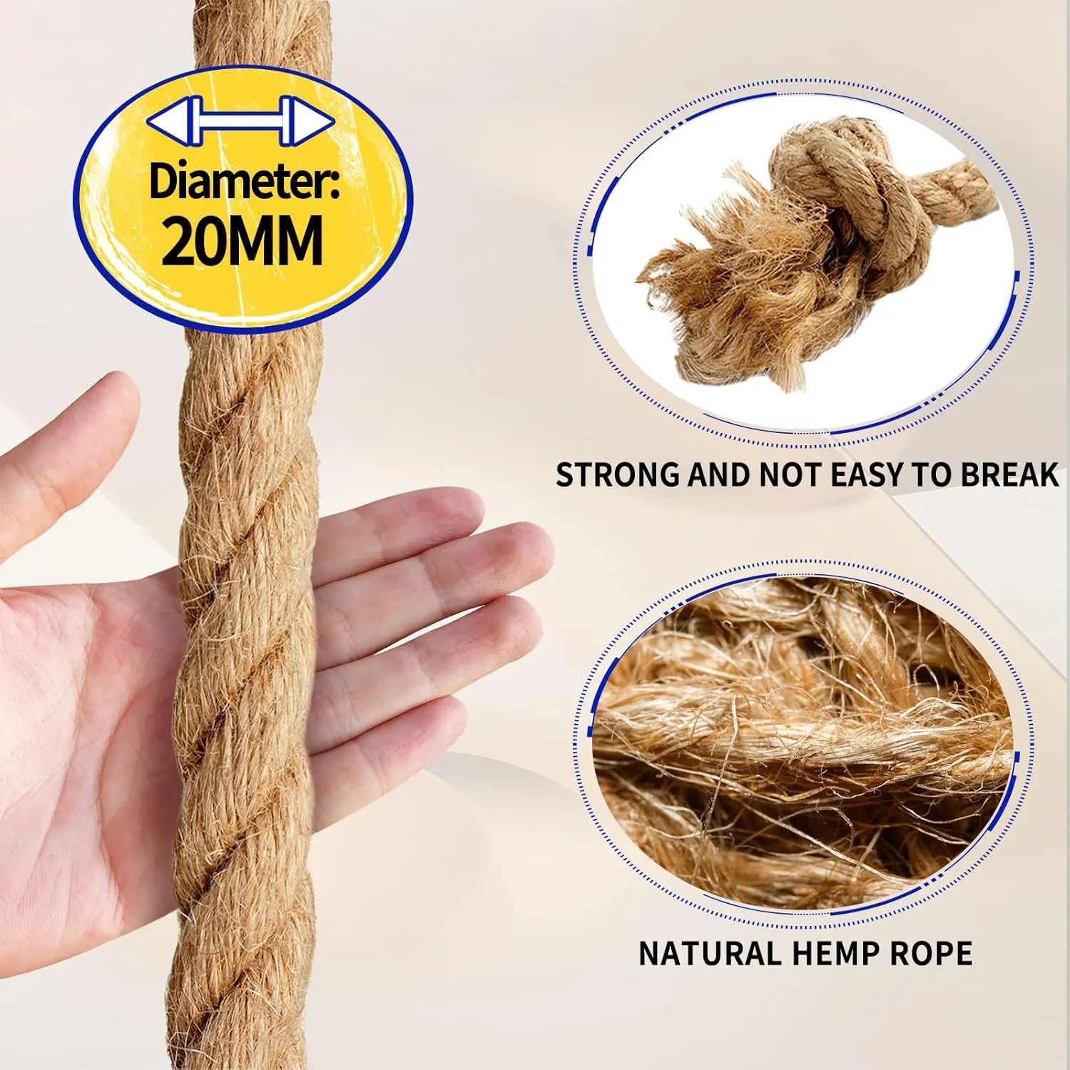 Jute Rope (3/4 in X 50 ft),Twisted Manila Rope,20mm Natural Thick Hemp Rope Heavy Duty Tug of War Ropes Thick Rope for Crafts Railing Gardening Bundling Hammocks Home Decorating