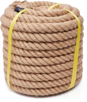 Jute Rope Heavy Duty 2 Inch 25 Feet, Natural Hemp Rope, Twisted Hemp Rope for Crafts, Gardening, Bundling, Climbing, Hammock, Nautical rope, Tug of War rope, Railings, Home Decorating (2 Inch×25 Feet)