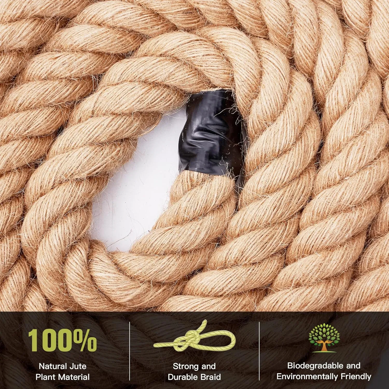Jute Rope Heavy Duty 2 Inch 25 Feet, Natural Hemp Rope, Twisted Hemp Rope for Crafts, Gardening, Bundling, Climbing, Hammock, Nautical rope, Tug of War rope, Railings, Home Decorating (2 Inch×25 Feet)