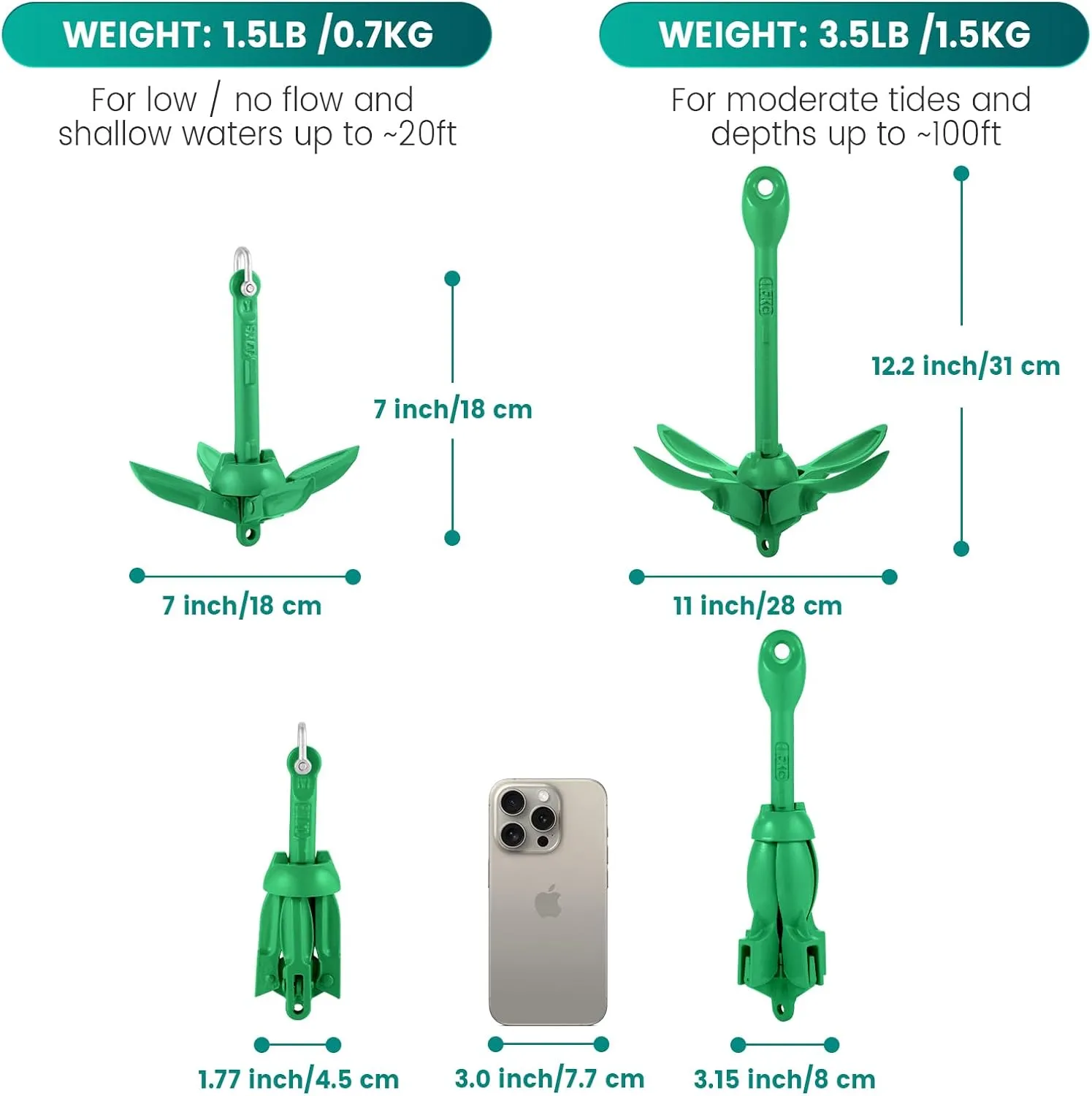 Kayak Anchor Kit, 1.5/3.5 lb Compact Folding Grapnel Anchor for Kayaks, Canoes, SUPs, Jet Skis, Small Boats - Lightweight Portable Marine Boat Anchor with Rust-Resistant Design