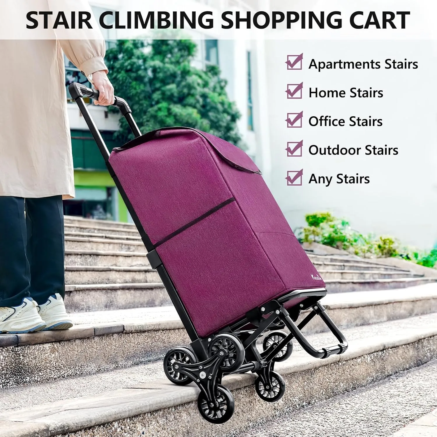 KEDSUM 2 in 1 Stair Climber Cart, 60L/300LBS Grocery Cart on Wheels for Stairs, Shopping Carts for Groceries with Removable Purple Waterproof Bag, Heavy Duty Dolly Carts for Stairs