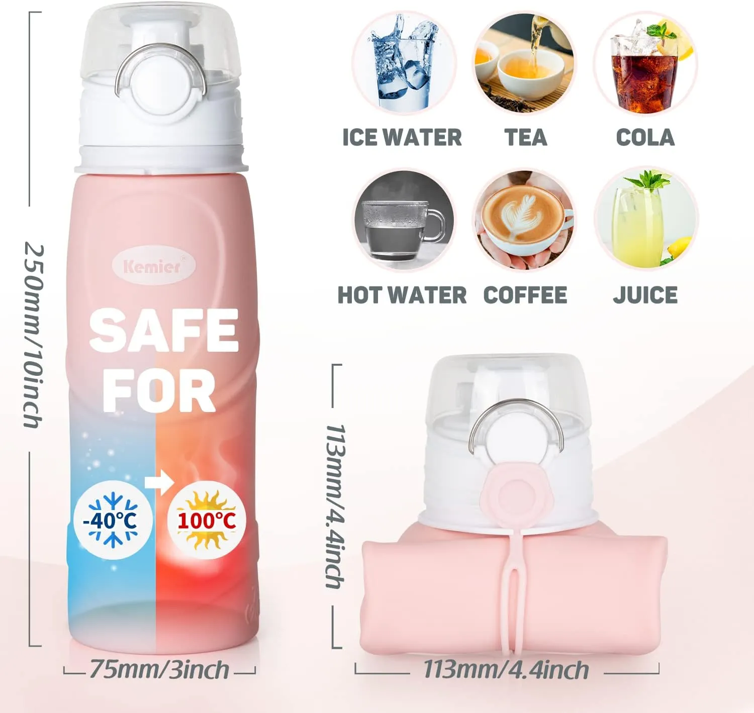 Kemier Collapsible Silicone Water Bottles-750ML,Medical Grade,BPA Free Travel Water Bottle Can Roll Up,26oz,Leak Proof Foldable Sports & Outdoor Water Bottles