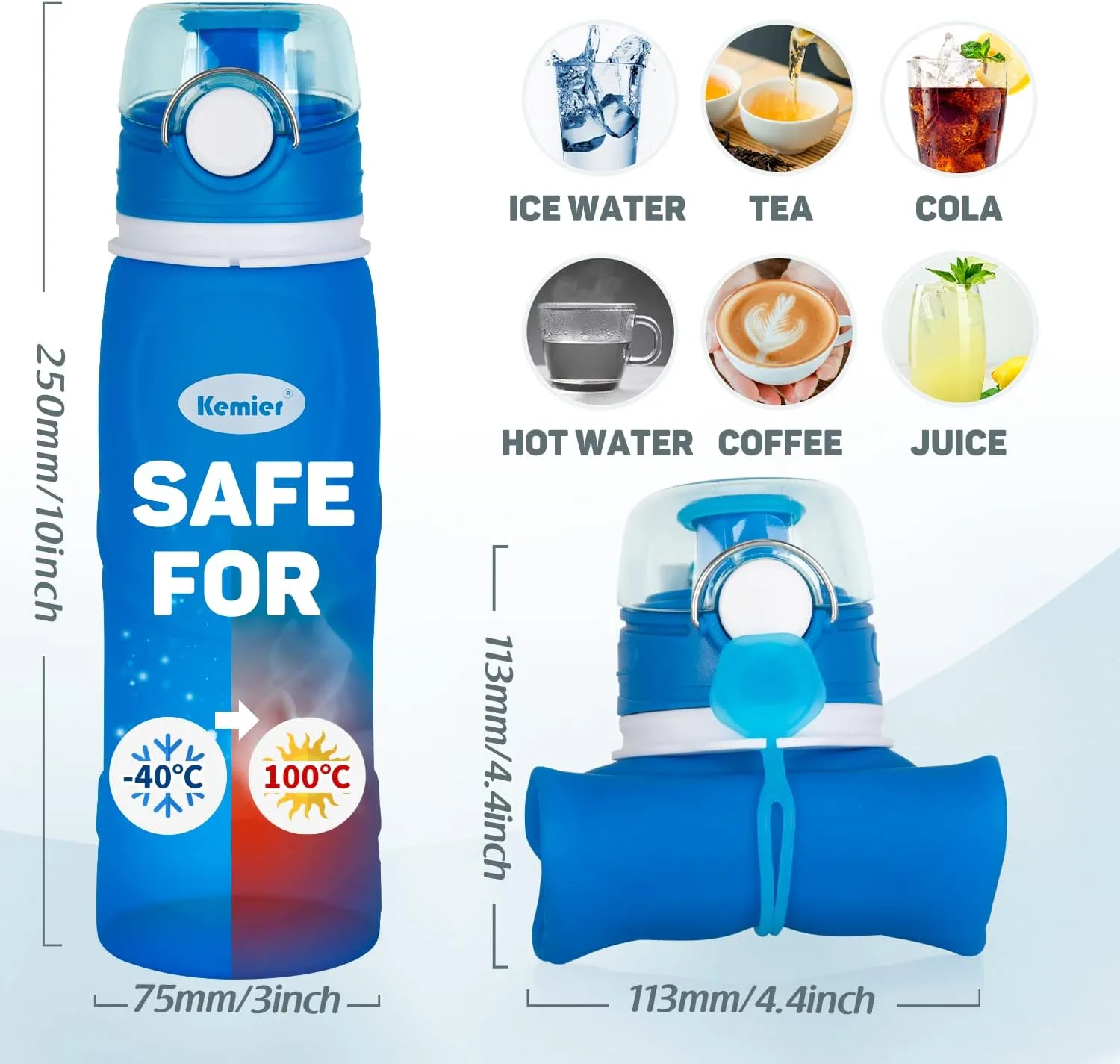 Kemier Collapsible Silicone Water Bottles-750ML,Medical Grade,BPA Free Travel Water Bottle Can Roll Up,26oz,Leak Proof Foldable Sports & Outdoor Water Bottles