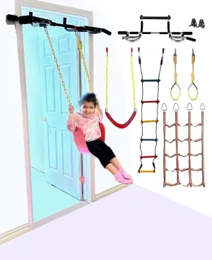 Kids Doorway Gym Swing Set   Pull Up Bar 6 in 1 Indoor Gym Playground Combo for Children, Includes Swing Seat, Climbing Cargo Net, 2X Gymnastic Trapeze Rings, Rope Ladder, Full Accessory