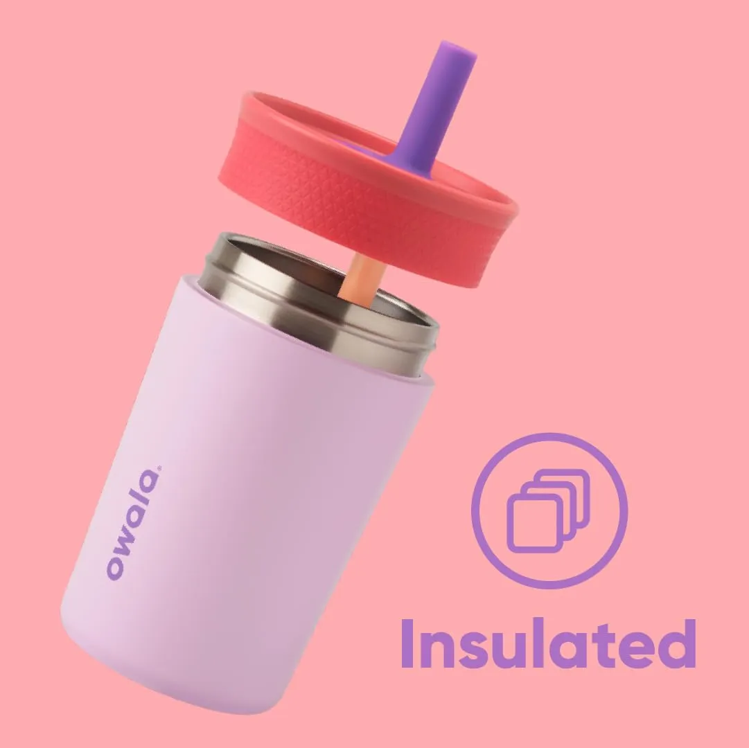 Kids Insulation Stainless Steel Tumbler with Spill Resistant Flexible Straw, Easy to Clean, Kids Water Bottle, Great for Travel, Dishwasher Safe, 12 Oz, Pink and Purple (Lilac Rocket)