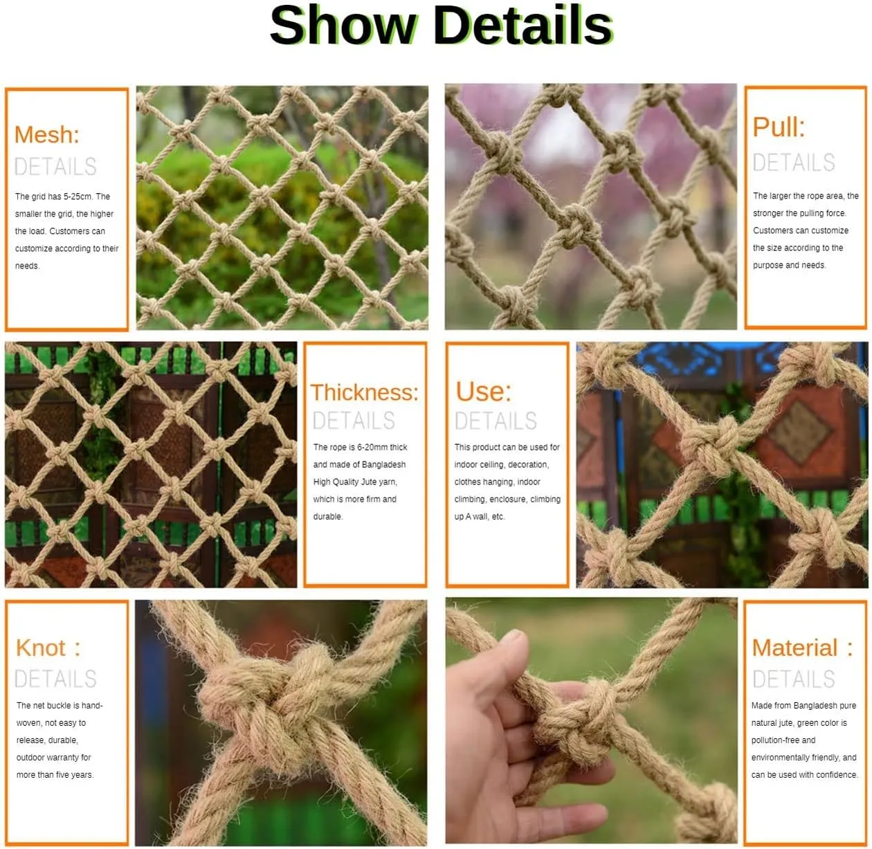 Kids Playground Climbing Jute Rope Netting,Thick 14mm-Mesh 10cm Heavy Duty Cargo Nets Protection Truck Trailer,Indoor Balcony Stair Safety Hemp Rope Net Bird Net(1Mx8M(3.3FTx26.2FT))