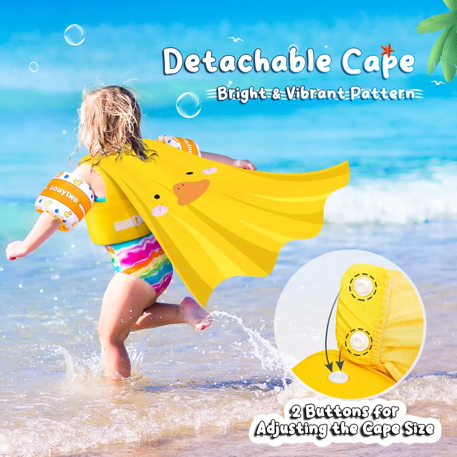 Kids Swim Vest with Cape, Water Wings Toddler Adjustable Shoulder Straps Children Arm Floaties for 22-30-40-50lbs Boys/Girls Swimming Jacket for Pool Learn to Swim Sea Beach Lake Training