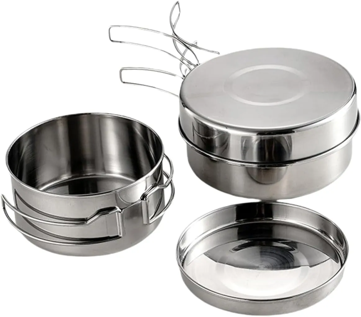 Kisangel 201 Stainless Steel Camping Cookware 4-Piece Pot Pan Set Long Handle Compact Design Camping Supplies