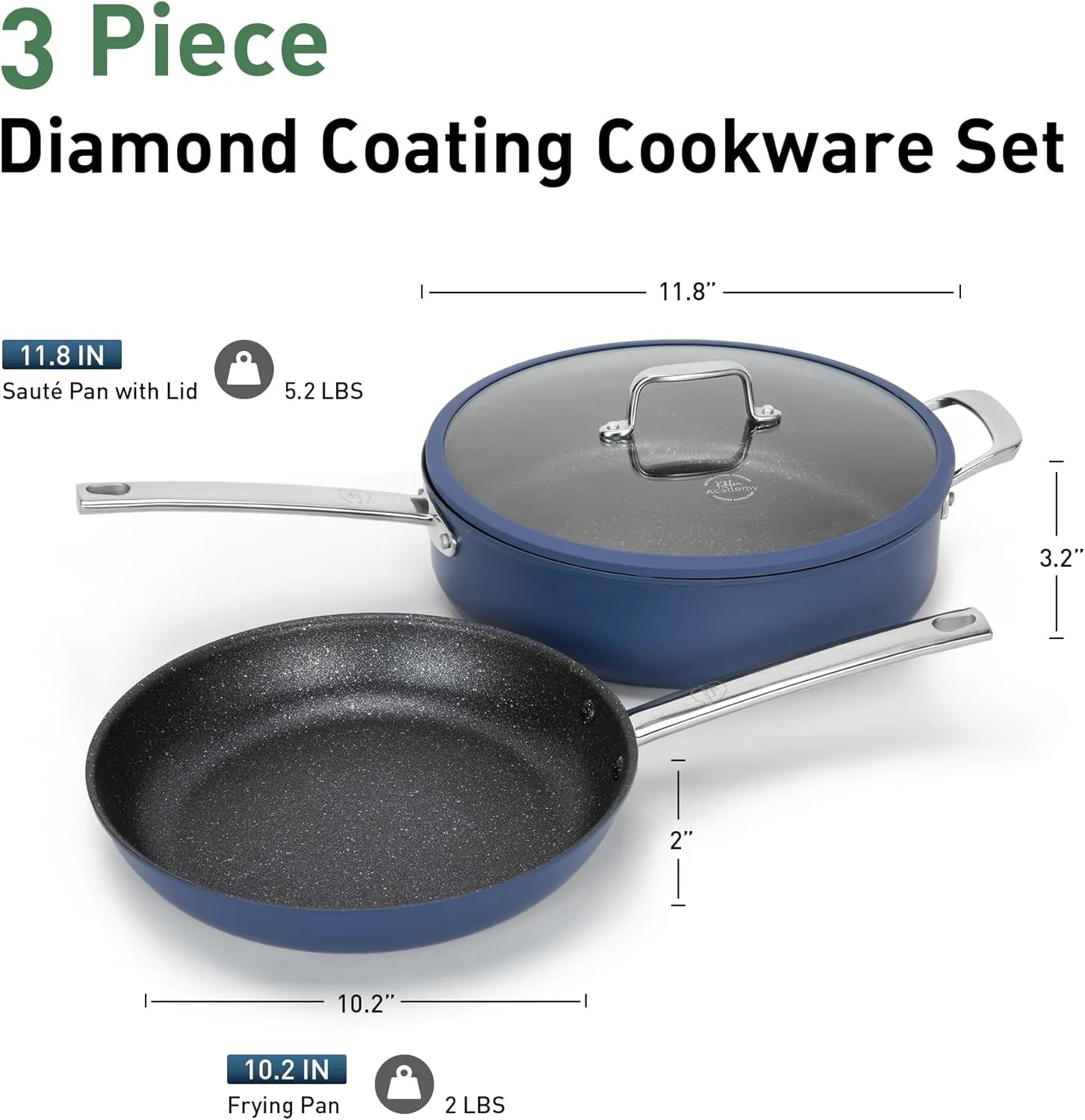 Kitchen Academy Induction Plasma Titanium Nonstick Wok Set 3 Piece, 10" Frying Pan and 11.8"/6QT Deep Frying Pan/Saute/Skillet With Lid, PFOA & PFAS-Free, Oven Safe