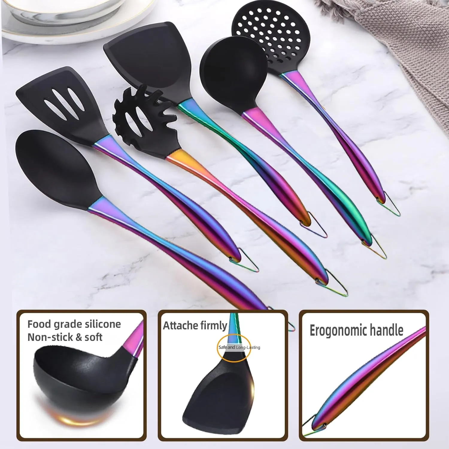 Kitchen Utensils Set, Large Non-stick Silicone Cooking Utensils Set 6 Pcs,Made of 446°F Heat Resistant Food Grade Silicone and Stainless Steel Handles,Easy to Clean Kitchen Gadgets Set (Rainbow)