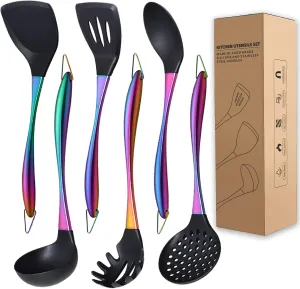 Kitchen Utensils Set, Large Non-stick Silicone Cooking Utensils Set 6 Pcs,Made of 446°F Heat Resistant Food Grade Silicone and Stainless Steel Handles,Easy to Clean Kitchen Gadgets Set (Rainbow)