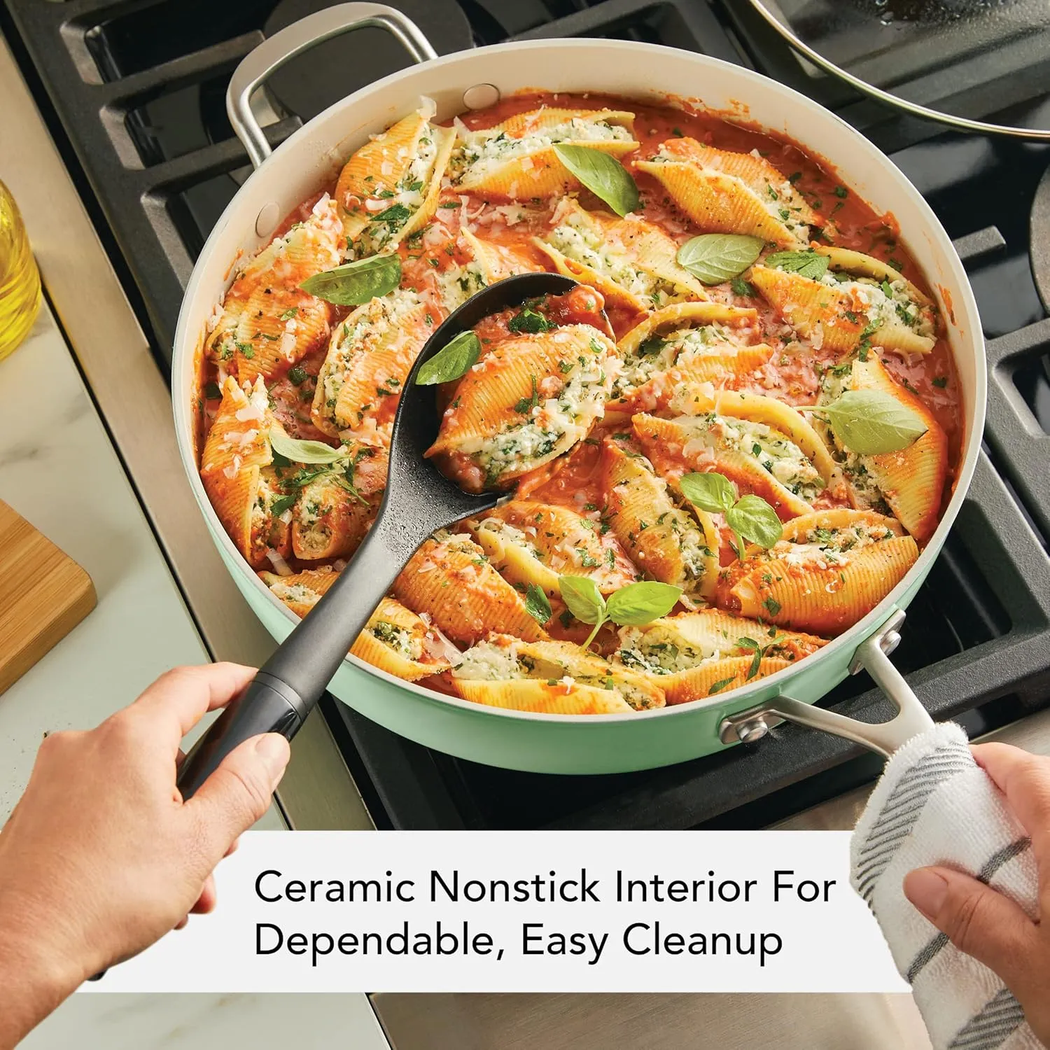 KitchenAid Hard Anodized Ceramic 5-Quart Nonstick Sauté Pan with Shatter-Resistant Lid & Riveted Handle – Durable, Even Heating, Easy Clean, Oven Safe to 500°F, Pistachio