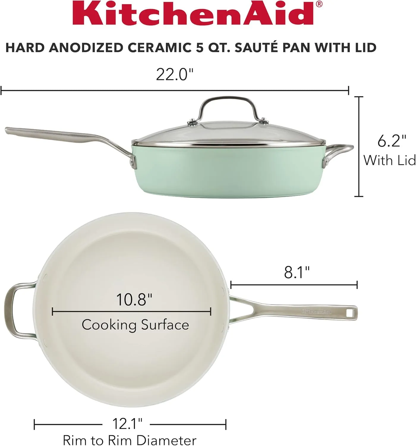KitchenAid Hard Anodized Ceramic 5-Quart Nonstick Sauté Pan with Shatter-Resistant Lid & Riveted Handle – Durable, Even Heating, Easy Clean, Oven Safe to 500°F, Pistachio