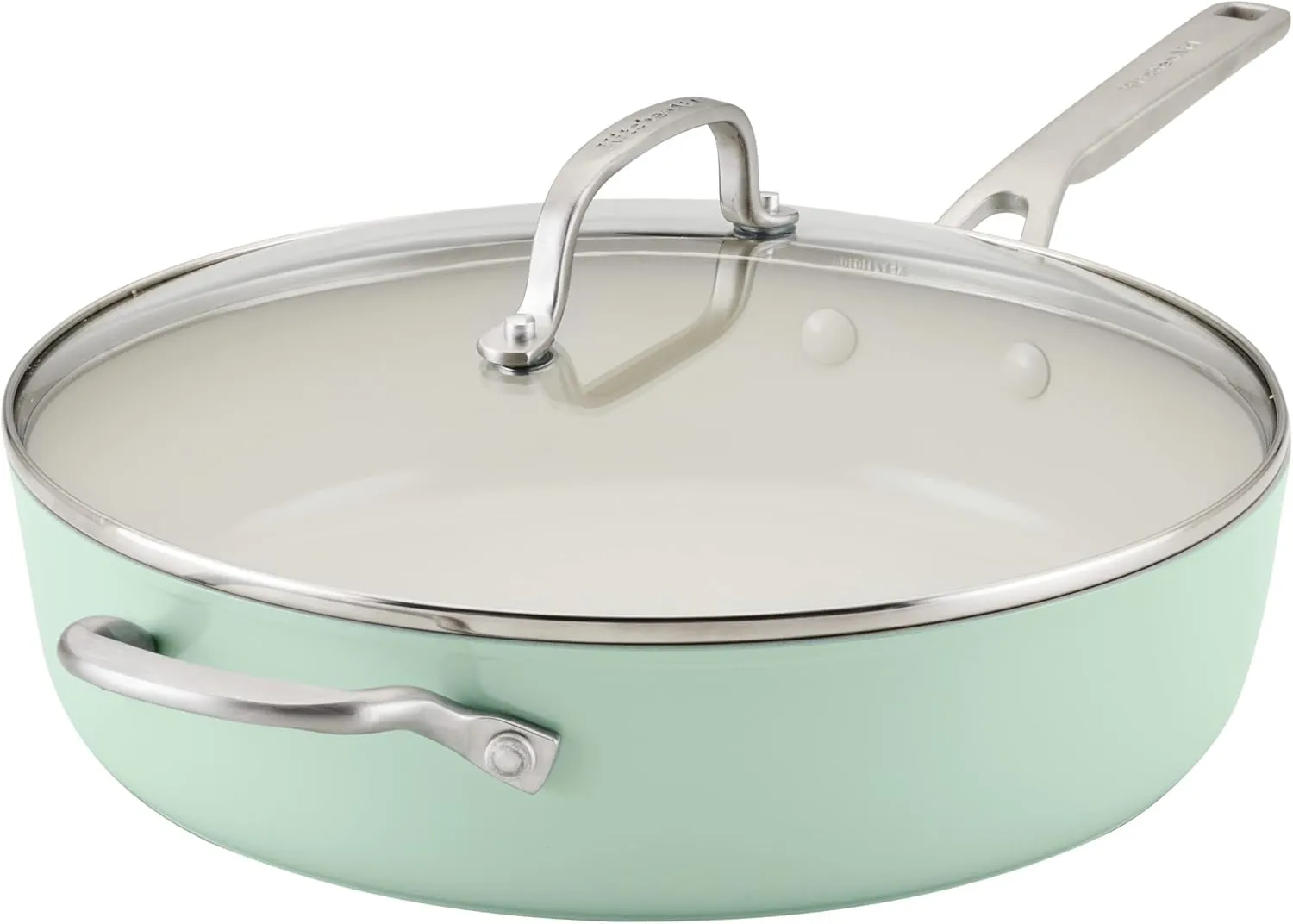 KitchenAid Hard Anodized Ceramic 5-Quart Nonstick Sauté Pan with Shatter-Resistant Lid & Riveted Handle – Durable, Even Heating, Easy Clean, Oven Safe to 500°F, Pistachio