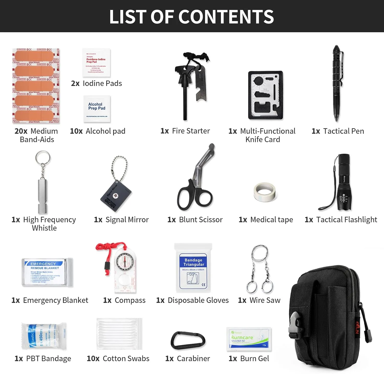 Kitgo Camping Emergency Tourniquet Survival Kit Safety First Aid Kit for Friend with Pro Tool Outdoor Survival Gear Tactical Small Molle Pouch for Home Hiking Hunting (Black)