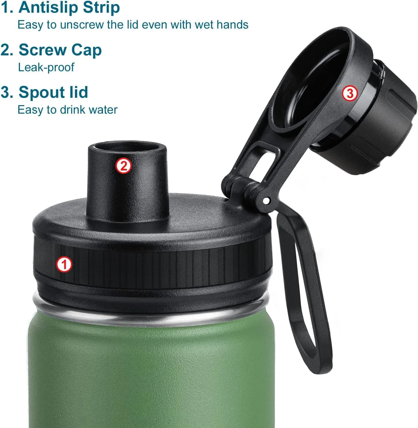 Koodee Insulated Water Bottle, 32 oz Stainless Steel Double Wall Vacuum Wide Mouth Sport Bottle with Leakproof Spout Lid (Grass Green)