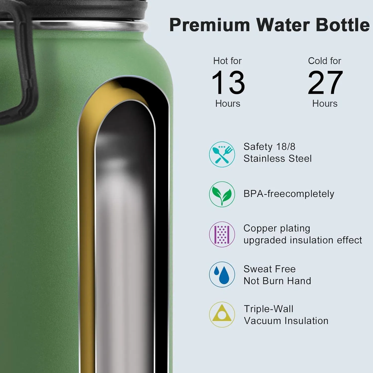 Koodee Insulated Water Bottle, 32 oz Stainless Steel Double Wall Vacuum Wide Mouth Sport Bottle with Leakproof Spout Lid (Grass Green)