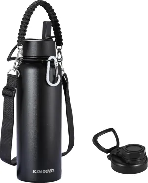 KXIAOCHEN Insulated Water Bottle, Stainless Steel Water Bottle, 2 Lids (Straw and Handle Lid),Wide Mouth Metal Water Bottles Keep Hot and Cold, Double Walled, Thermo Mug, Metal Canteen