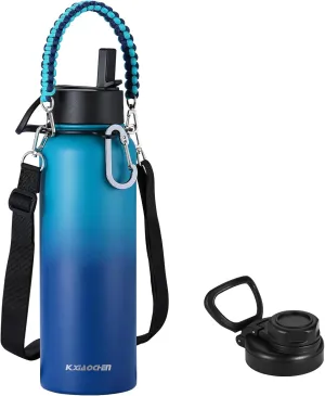 KXIAOCHEN Insulated Water Bottle, Stainless Steel Water Bottle, 2 Lids (Straw and Handle Lid),Wide Mouth Metal Water Bottles Keep Hot and Cold, Double Walled, Thermo Mug, Metal Canteen
