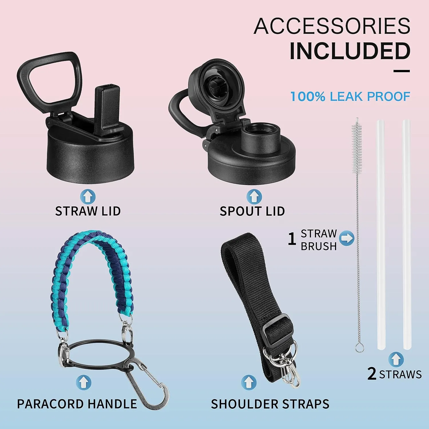 KXIAOCHEN Insulated Water Bottle, Stainless Steel Water Bottle, 2 Lids (Straw and Handle Lid),Wide Mouth Metal Water Bottles Keep Hot and Cold, Double Walled, Thermo Mug, Metal Canteen