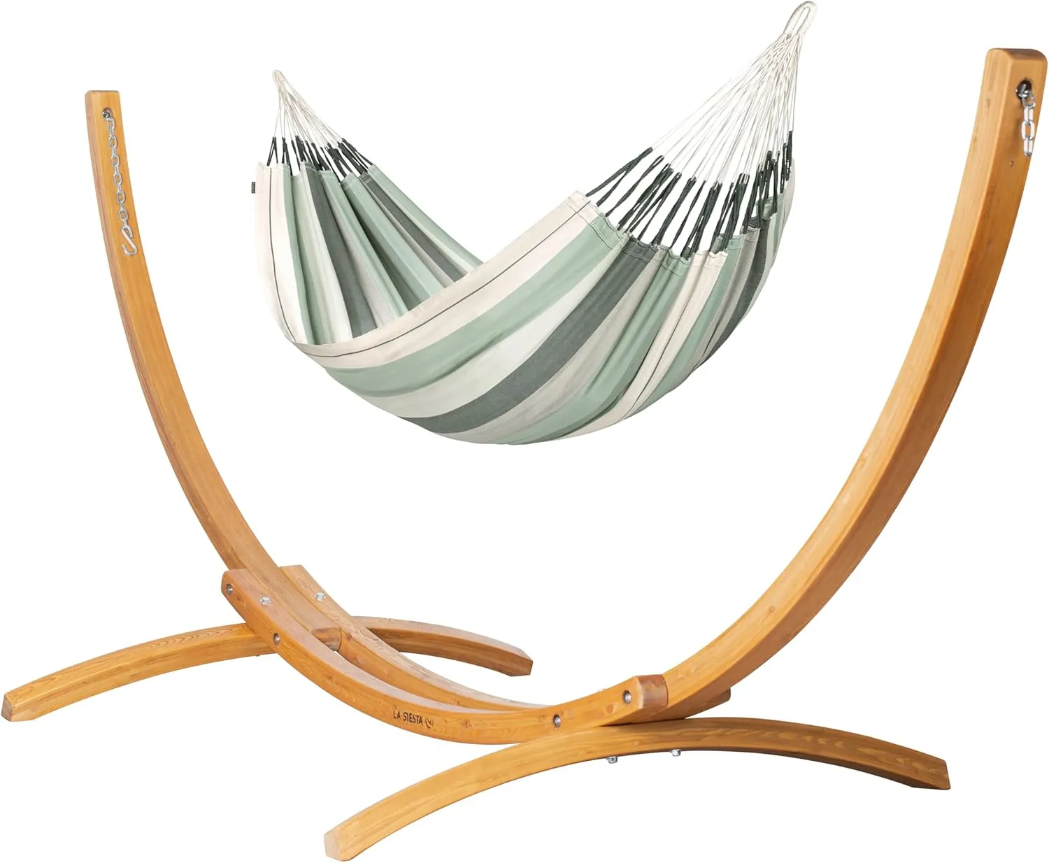 LA SIESTA® Modesta Cotton Hammock & Wood Stand - Indoor Outdoor Hammock with Stand, Larch Wood Stand - Extra Large 2 Person Hammock with Stand for Outside Patio Hammock - Max 440 Lbs, King, Olive