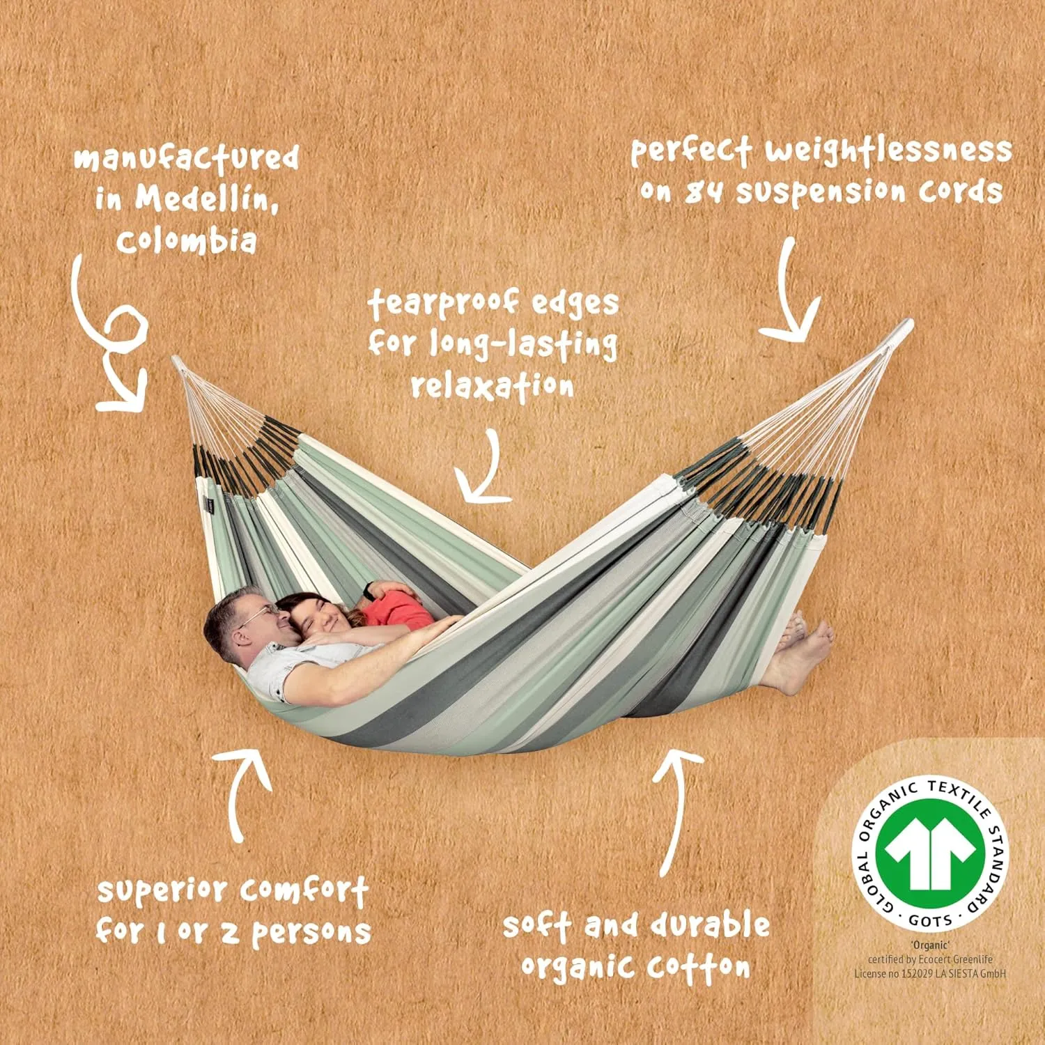 LA SIESTA Modesta Organic Cotton Indoor/Outdoor Hammock, Max 355 Lbs, 2-Person, Olive
