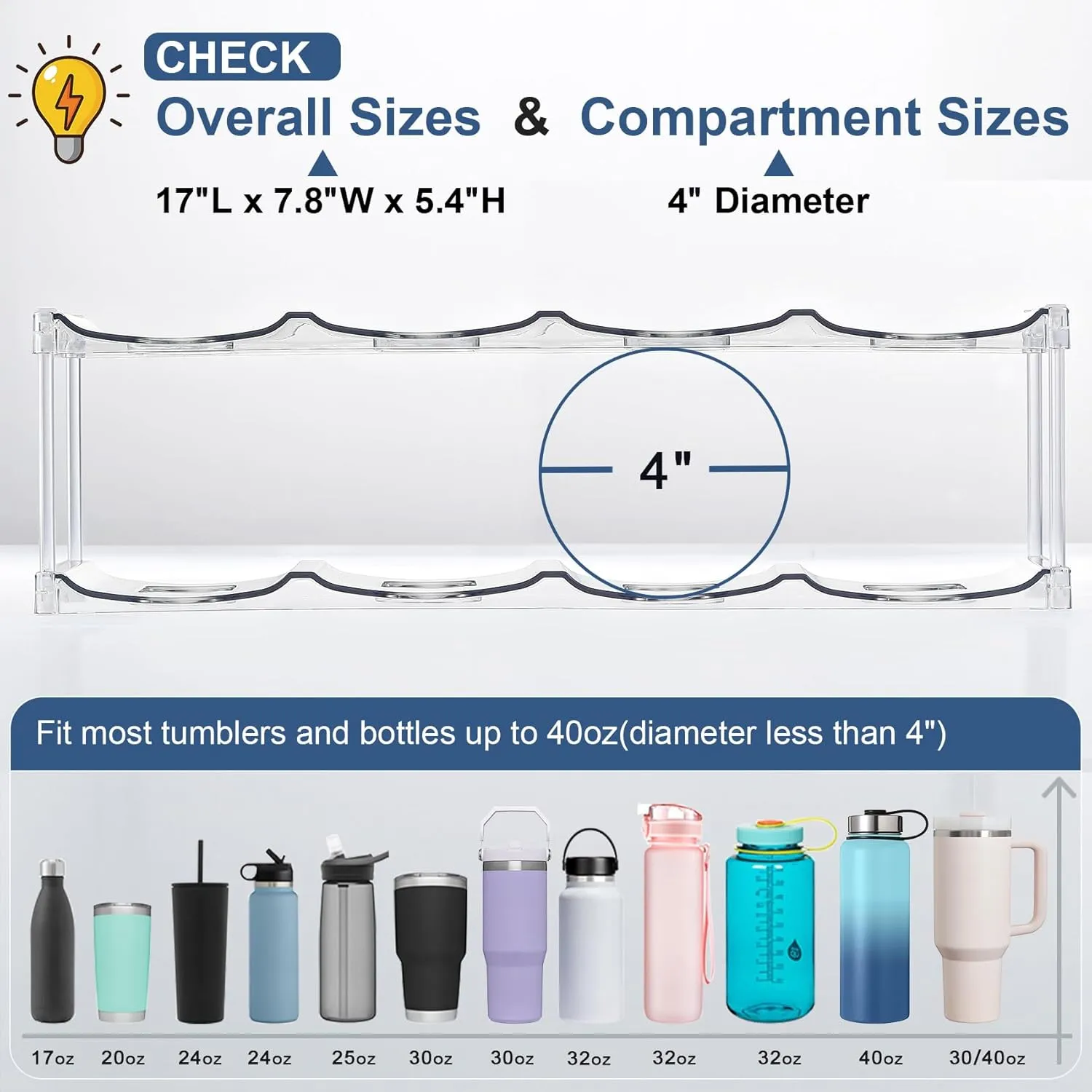 LARGER Compartment - 4 Tier Stackable Water Bottle Organizer Holder - for Stanley 40oz & Others' Large Tumbler - Clear Wine Rack, 16 Cup Bottle Holder for Cabinet Home Countertop Fridge Pantry Shelf