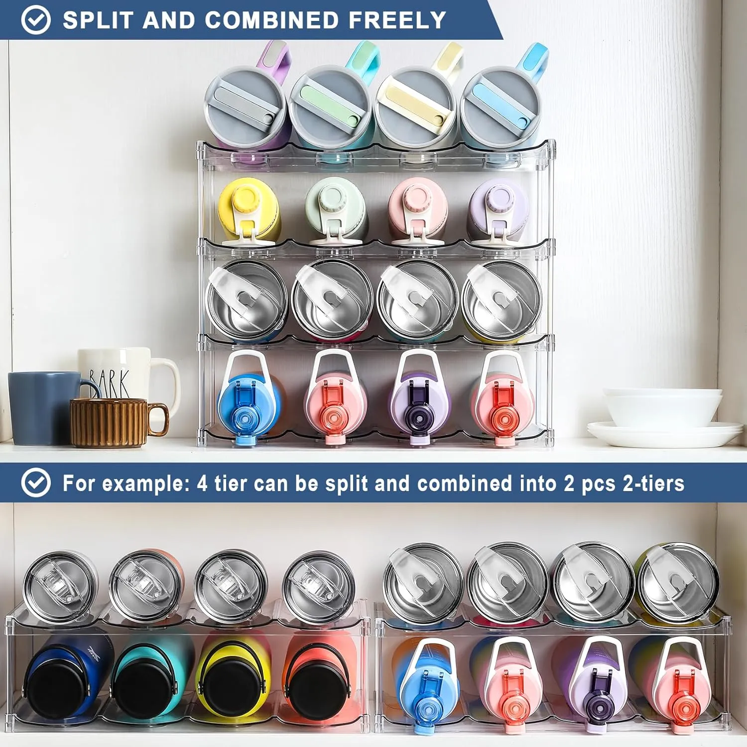 LARGER Compartment - 4 Tier Stackable Water Bottle Organizer Holder - for Stanley 40oz & Others' Large Tumbler - Clear Wine Rack, 16 Cup Bottle Holder for Cabinet Home Countertop Fridge Pantry Shelf