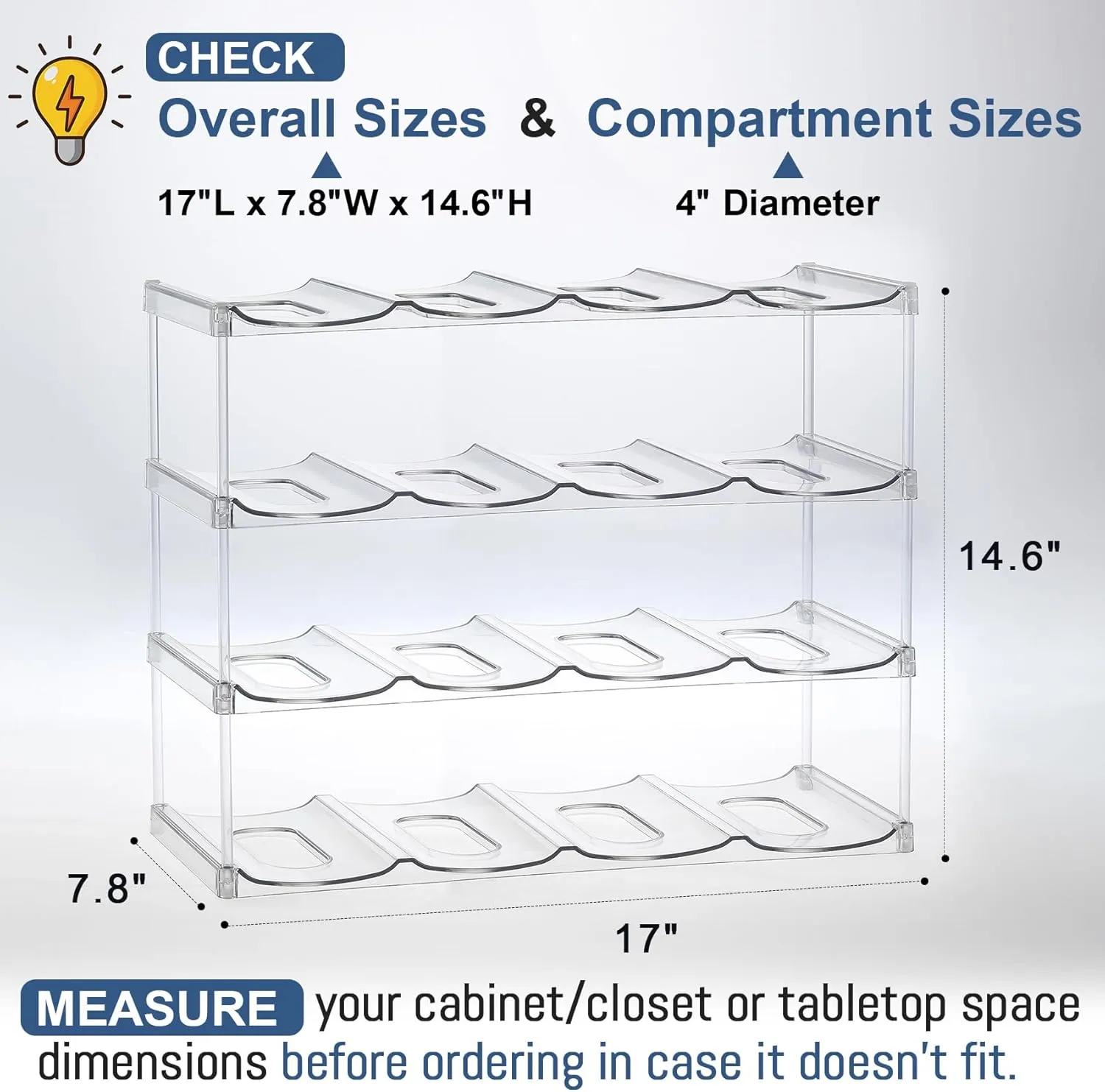 LARGER Compartment - 4 Tier Stackable Water Bottle Organizer Holder - for Stanley 40oz & Others' Large Tumbler - Clear Wine Rack, 16 Cup Bottle Holder for Cabinet Home Countertop Fridge Pantry Shelf