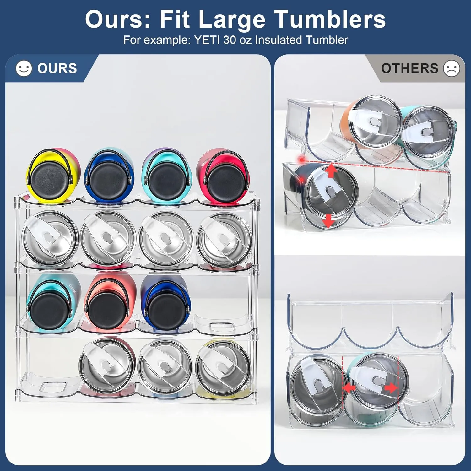LARGER Compartment - 4 Tier Stackable Water Bottle Organizer Holder - for Stanley 40oz & Others' Large Tumbler - Clear Wine Rack, 16 Cup Bottle Holder for Cabinet Home Countertop Fridge Pantry Shelf