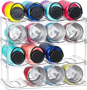 LARGER Compartment - 4 Tier Stackable Water Bottle Organizer Holder - for Stanley 40oz & Others' Large Tumbler - Clear Wine Rack, 16 Cup Bottle Holder for Cabinet Home Countertop Fridge Pantry Shelf