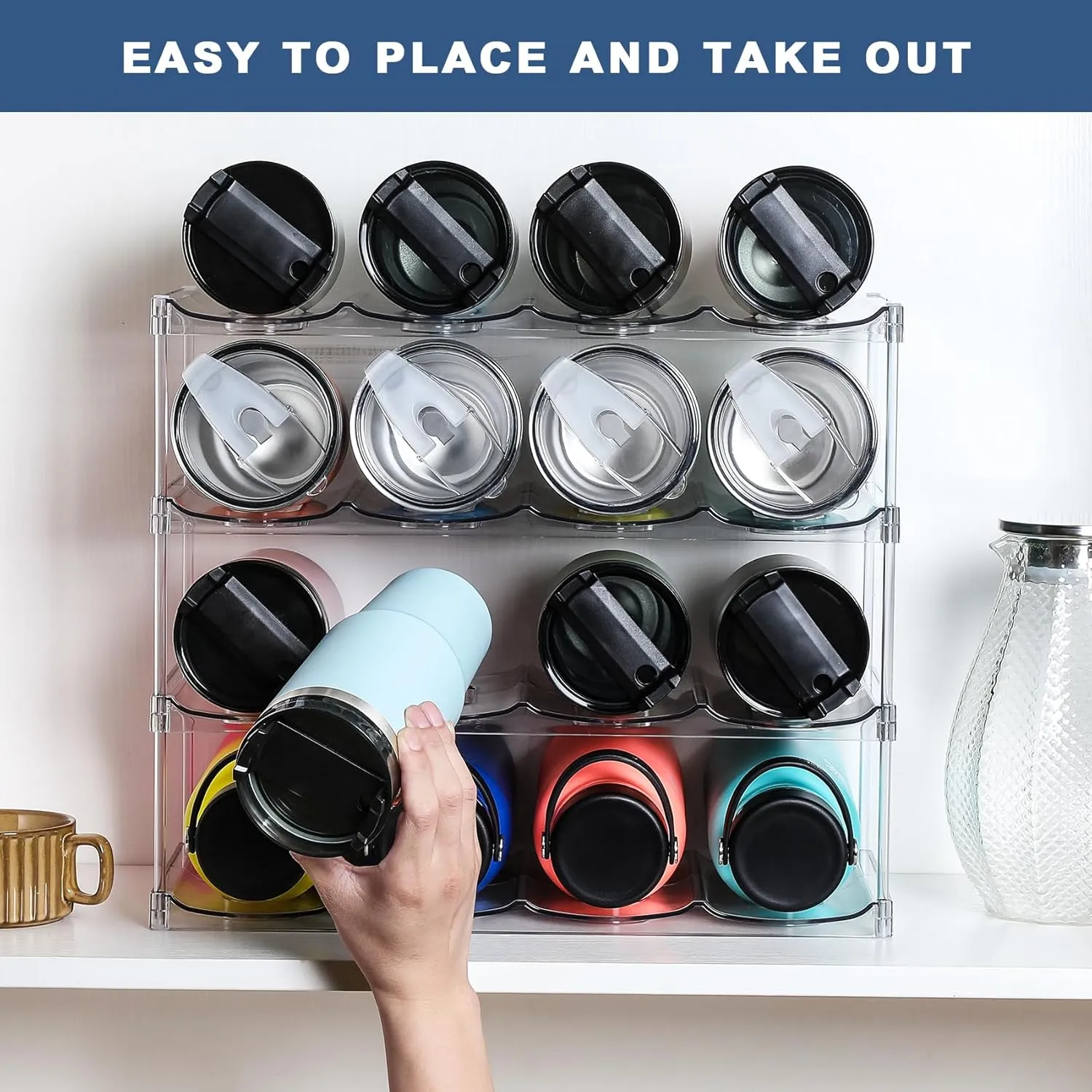 LARGER Compartment - 4 Tier Stackable Water Bottle Organizer Holder - for Stanley 40oz & Others' Large Tumbler - Clear Wine Rack, 16 Cup Bottle Holder for Cabinet Home Countertop Fridge Pantry Shelf
