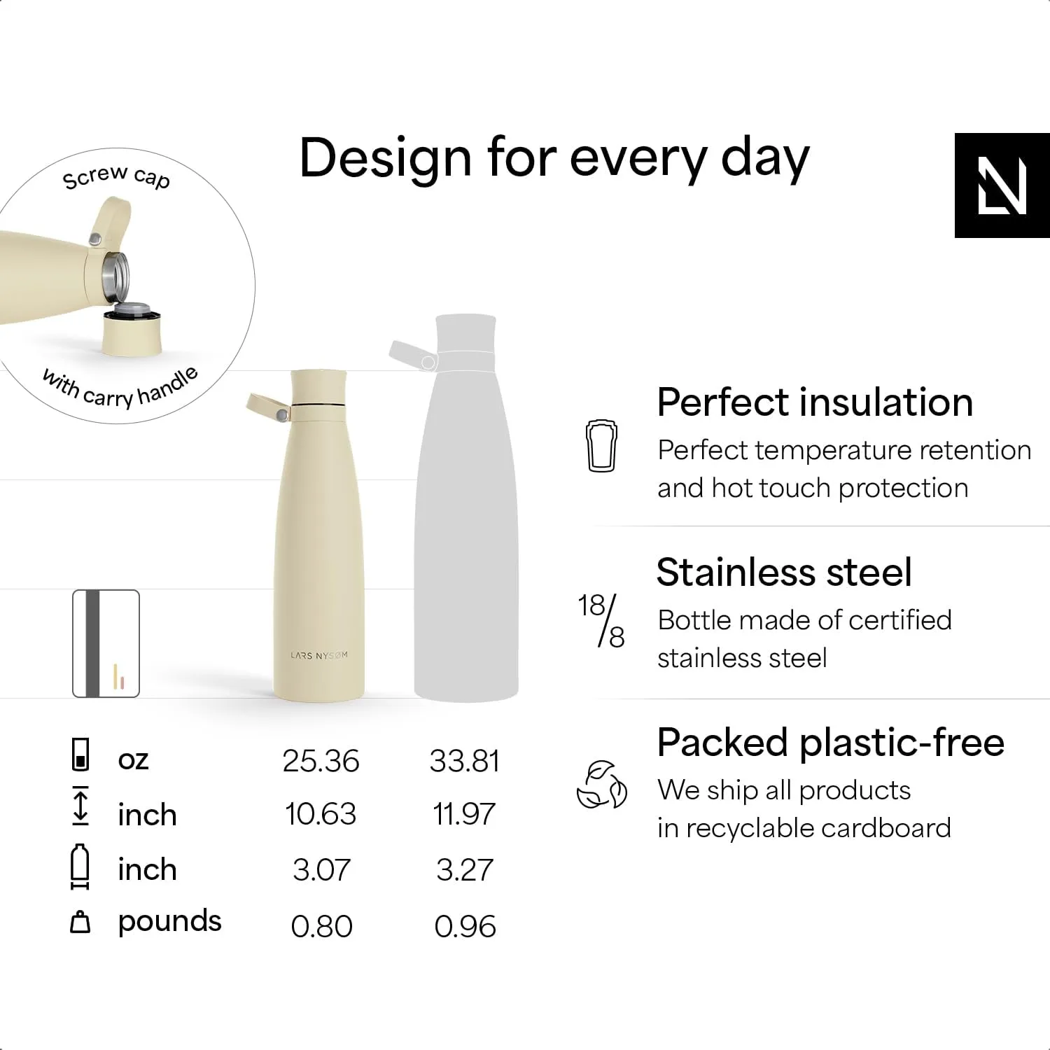 LARS NYSØM Stainless Steel Insulated Water Bottle 25oz 34oz | Insulated Thermo Flask for Hot and Cold Beverages | Leakproof Drinking Bottle (Almond Beige, 25.4oz)