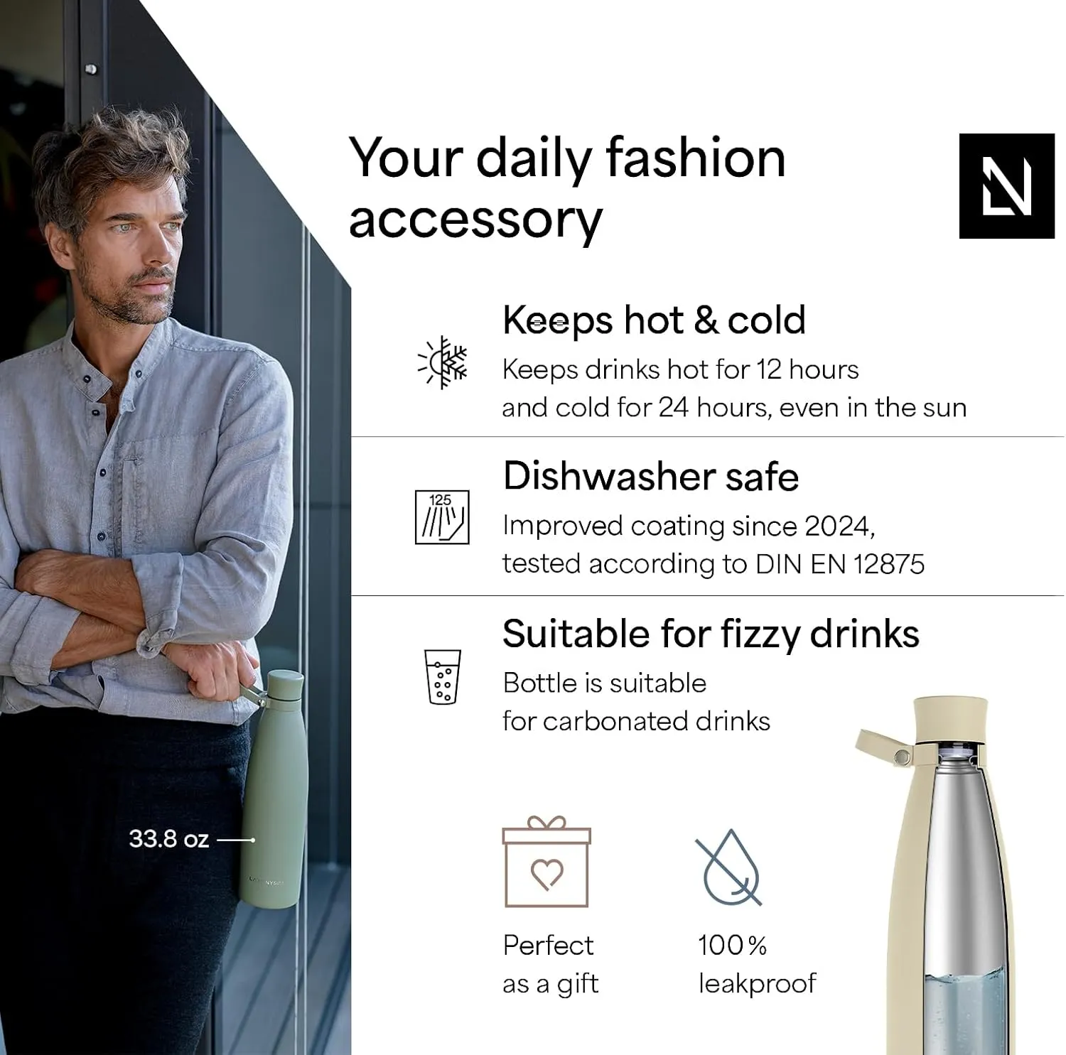 LARS NYSØM Stainless Steel Insulated Water Bottle 25oz 34oz | Insulated Thermo Flask for Hot and Cold Beverages | Leakproof Drinking Bottle (Almond Beige, 25.4oz)