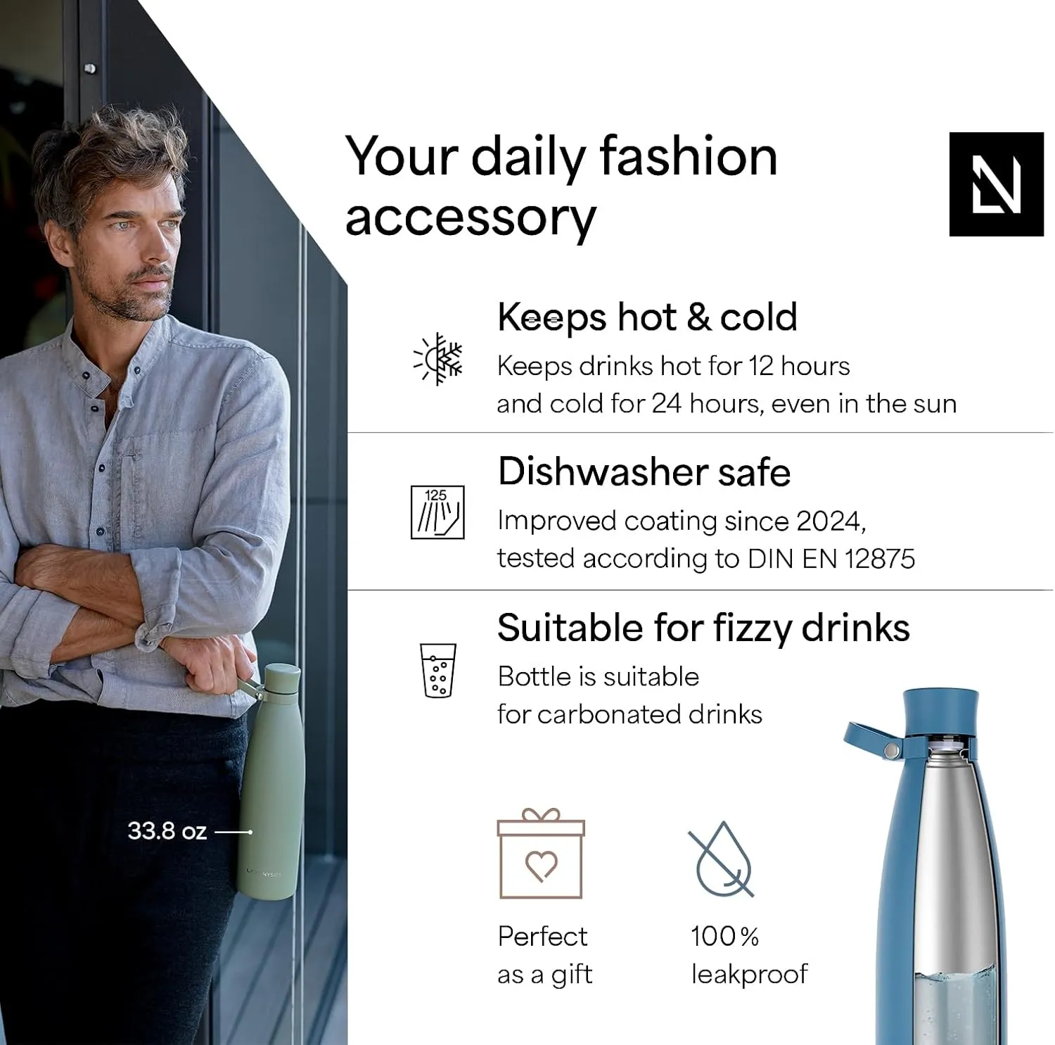 LARS NYSØM Stainless Steel Insulated Water Bottle 25oz 34oz | Insulated Thermo Flask for Hot and Cold Beverages | Leakproof Drinking Bottle (Calypso Blue, 25.4oz)